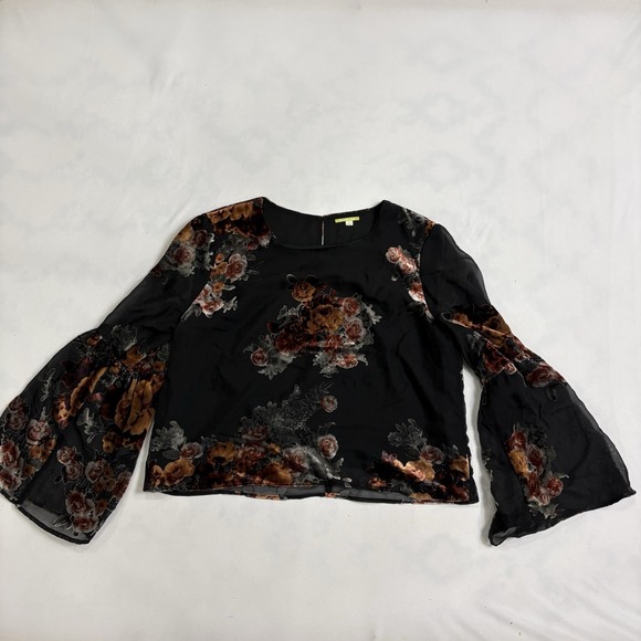 Gianni Bini Tops - Gianni Bini Sheer Floral Blouse Womens Large Black Bell Sleeve Top